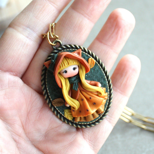 Gold Stainless Steel Necklace with Handmade Polymer Clay Doll