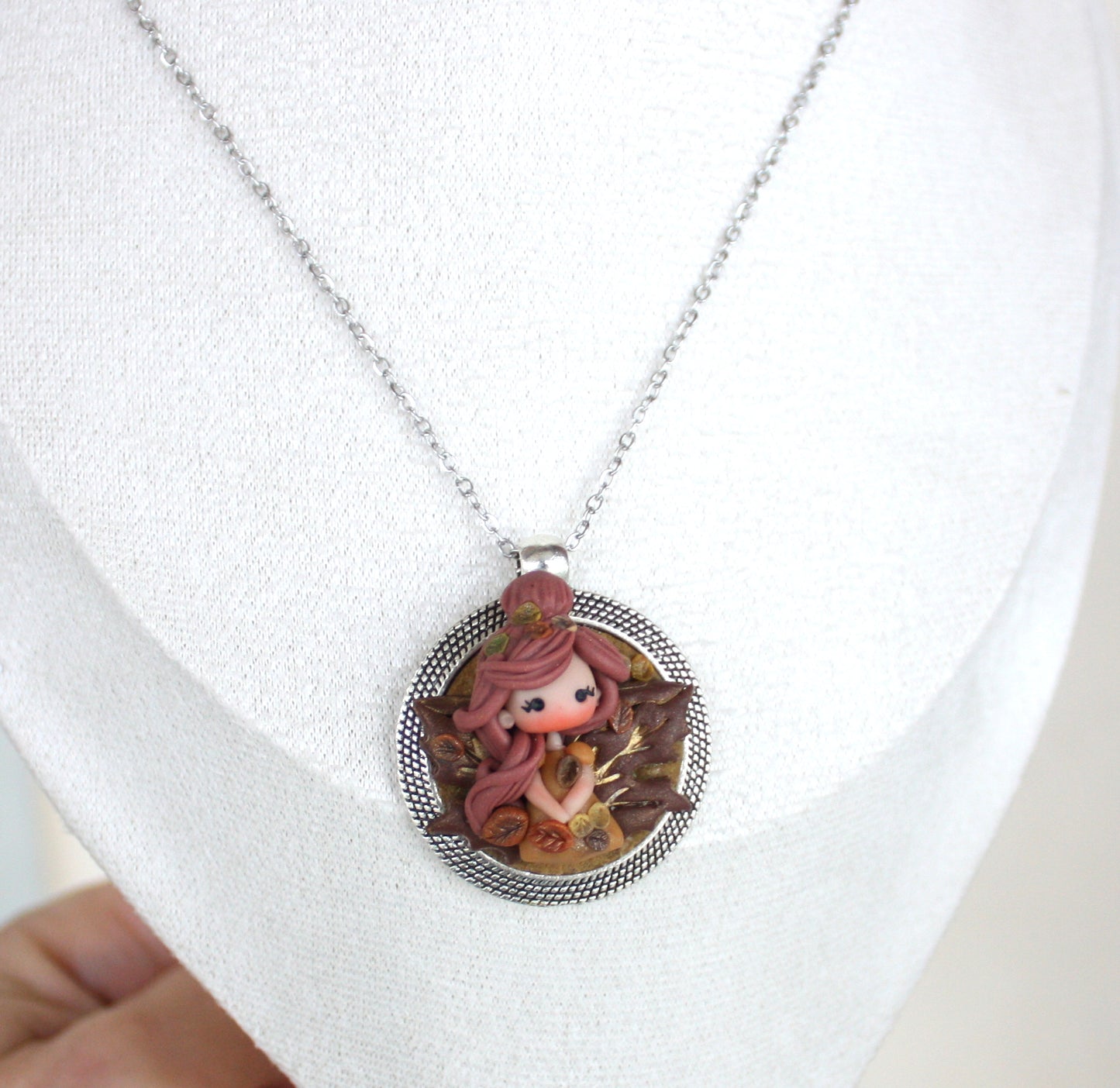 Stainless Steel Necklace with Handmade Polymer Clay Autumn Fairy Cameo