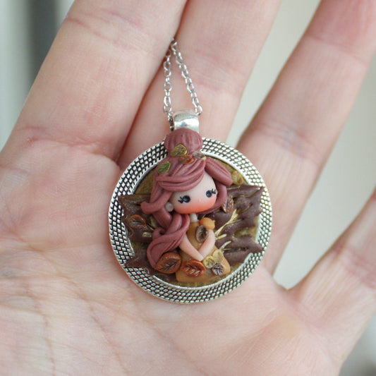Stainless Steel Necklace with Handmade Polymer Clay Autumn Fairy Cameo