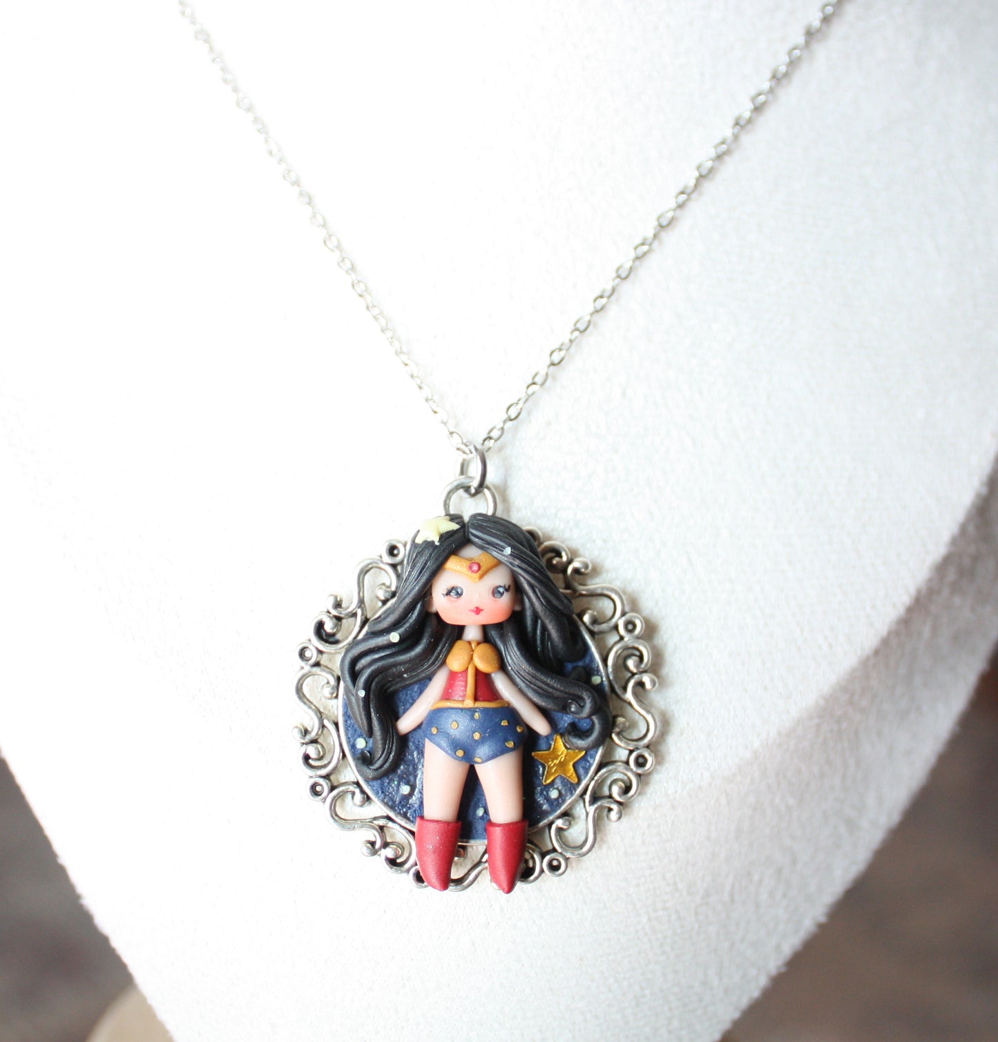 Stainless Steel Necklace with Handmade Polymer Clay Wonder Woman