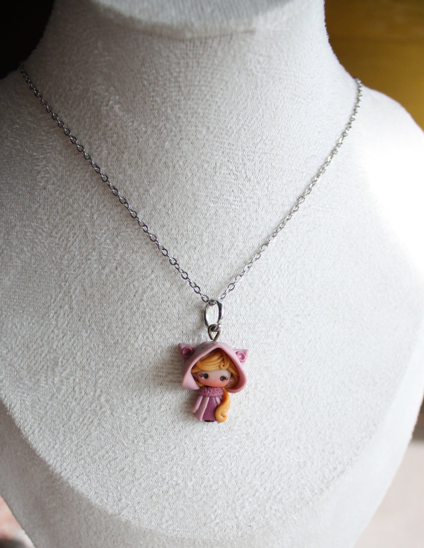 Stainless Steel Necklace with Handmade Polymer Clay Cat Doll V