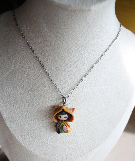 Collana in acciaio inox con cat doll in fimo modellata a mano III