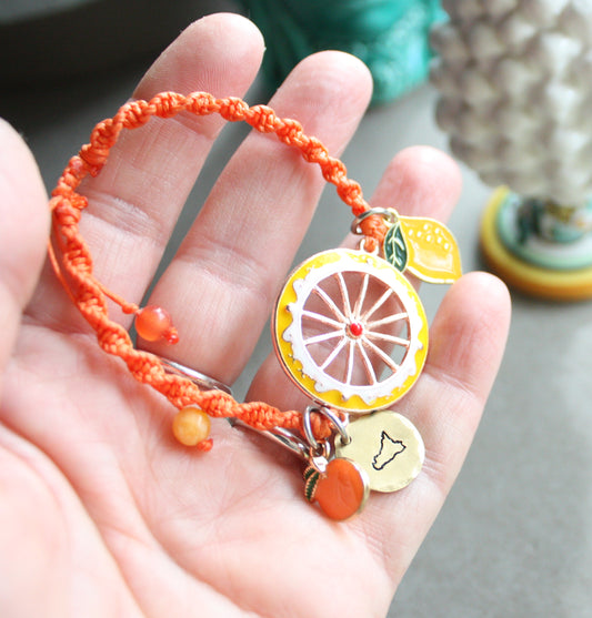 Sicilian Macramé Bracelet with Orange Waxed Cotton and Enamel Citrus Charms