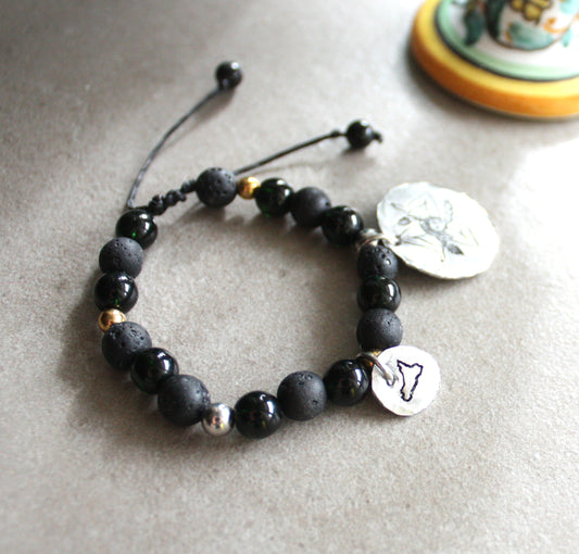 Sicilian Macramé Bracelet with Lava Stone Beads, Trinacria & Sicily Charms