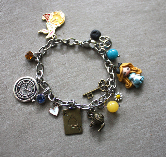 Stainless Steel Multi Charm Bracelet with Polymer Clay Alice