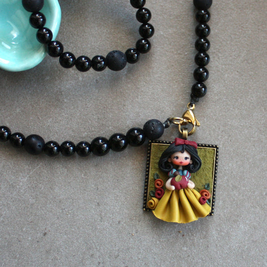 2-in-1 Black Gemstone Necklace with Snow White Pendant – One of a Kind