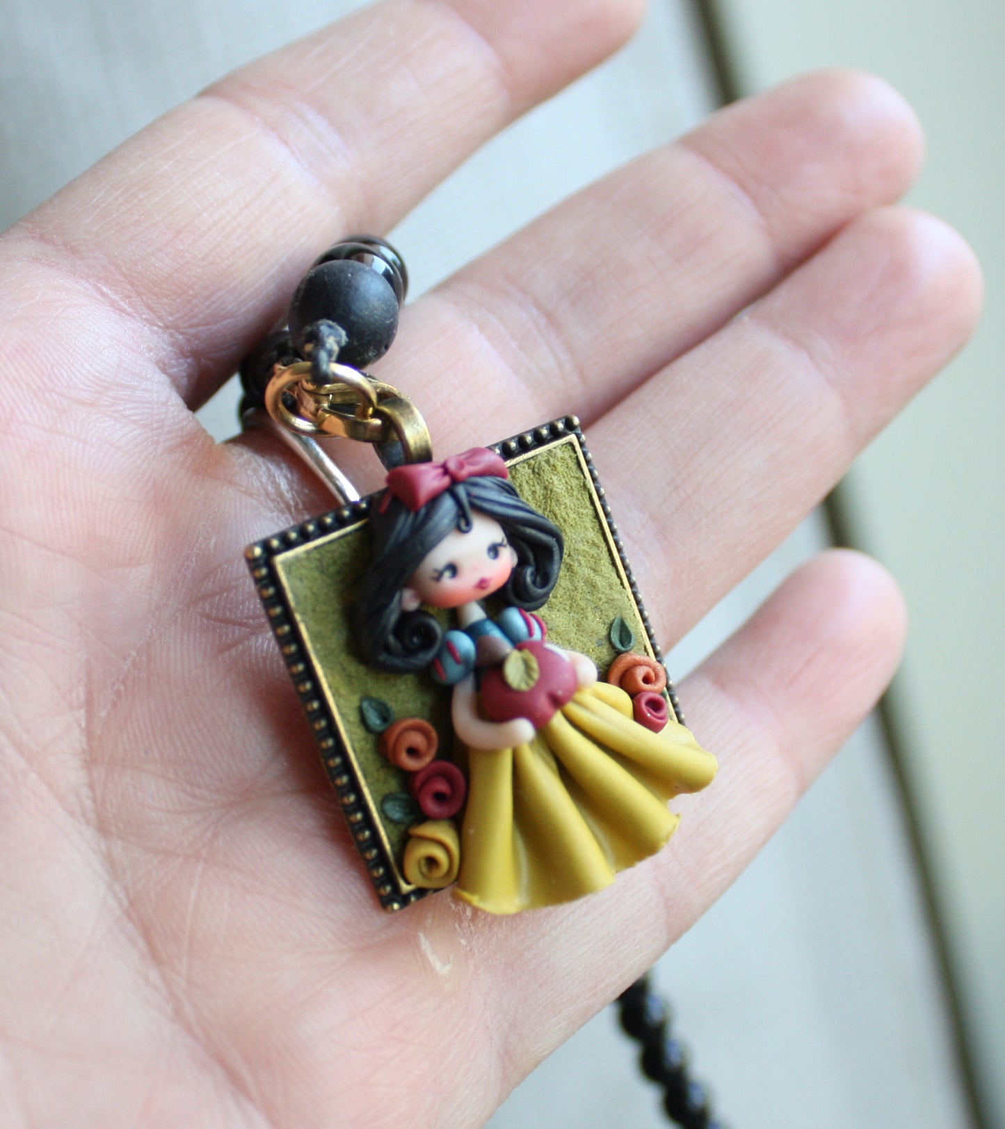 2-in-1 Black Gemstone Necklace with Snow White Pendant β One of a Kind