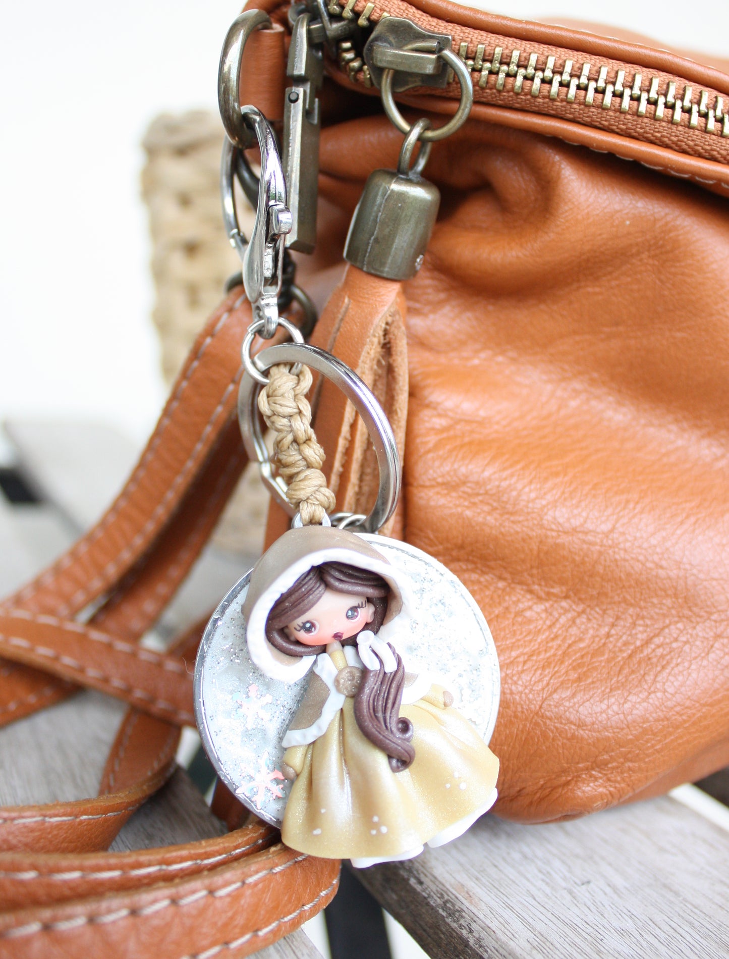 Handmade bag charm with winter Belle