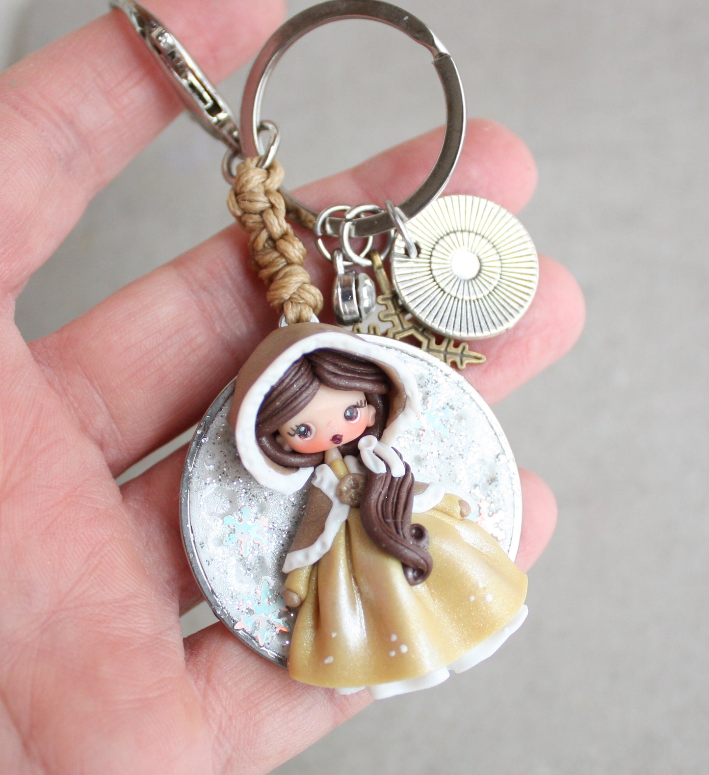 Handmade bag charm with winter Belle
