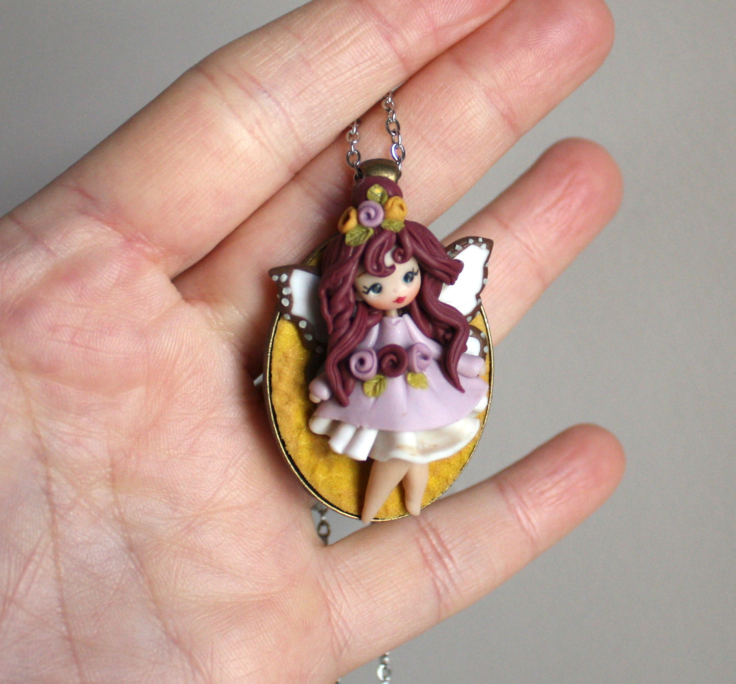 Collana Fatina in Fimo – Catena in Acciaio Inox – Art Doll da Collezione ZingaraCreativa