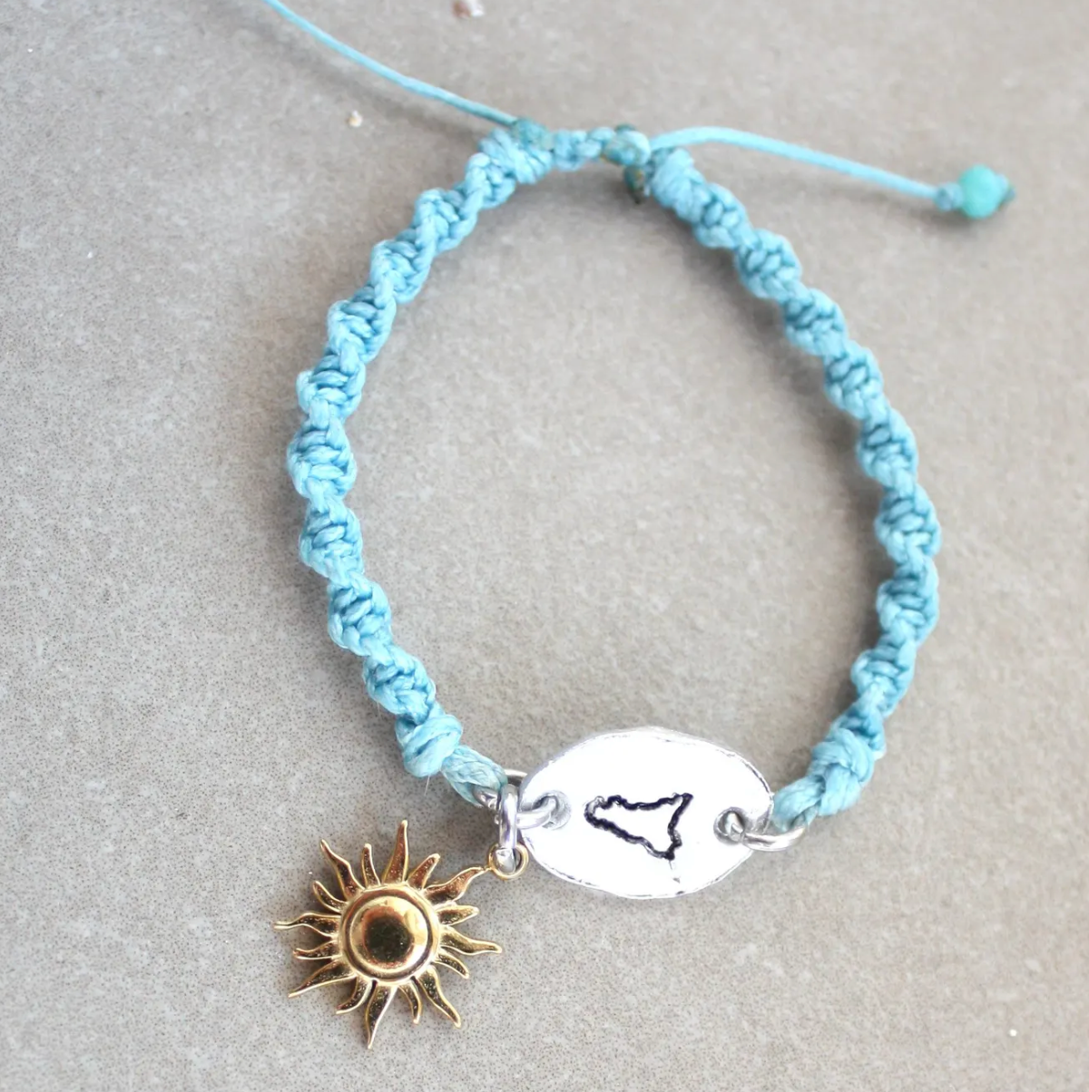 Sicilian Macramé Bracelet with Blue Waxed Cotton, Sun Charm & Hand-Engraved Sicily