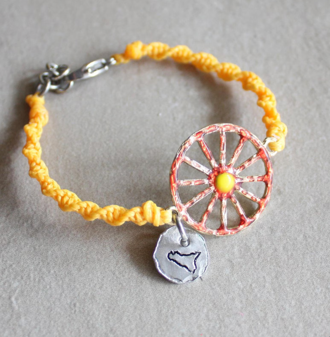 Sicilian Bracelet with Yellow Waxed Cotton & Enamel Cart Wheel Charm