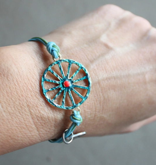 Sicilian Macramé Bracelet with Blue & Green Waxed Cotton and Enamel Cart Wheel