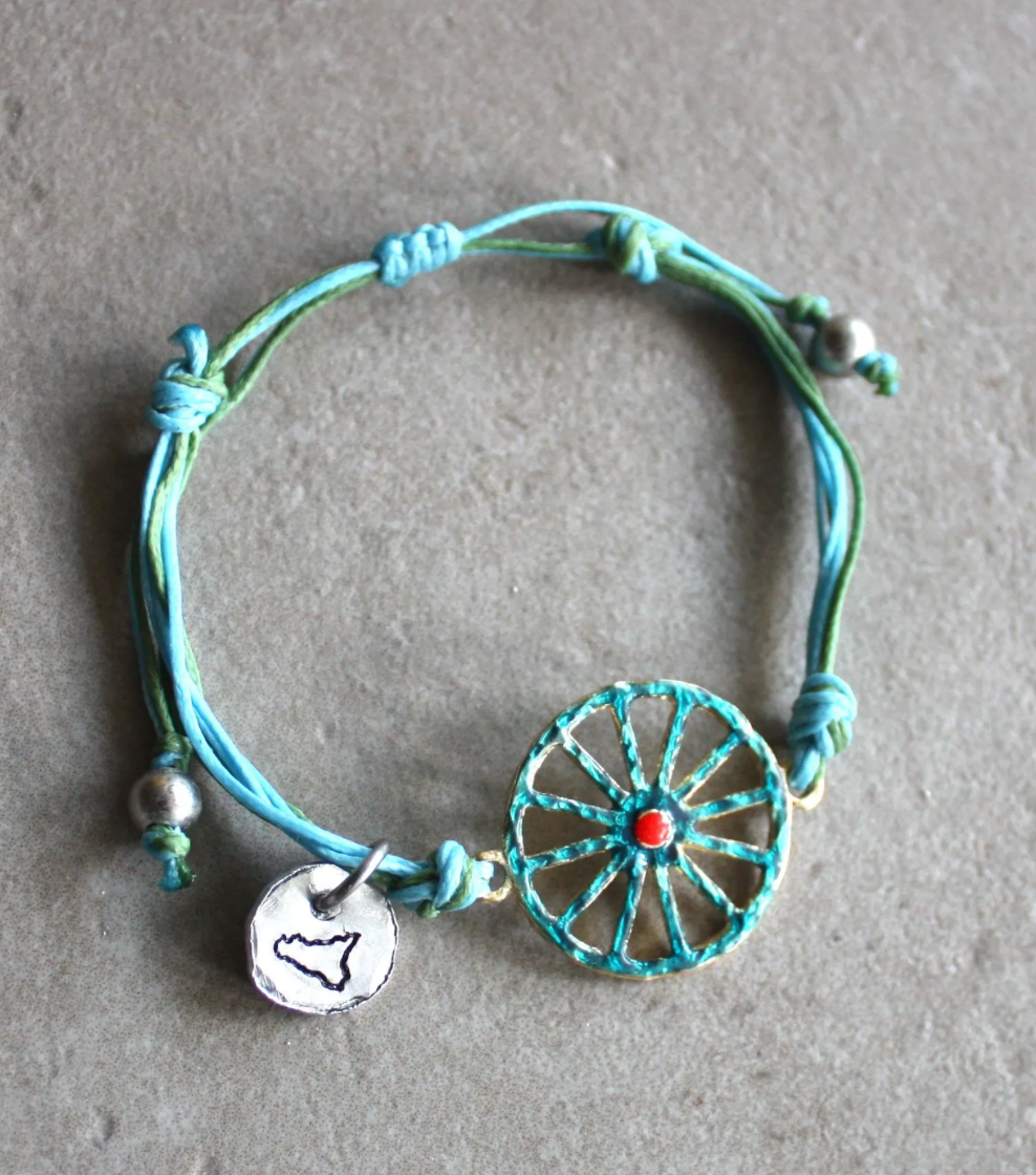 Sicilian Macramé Bracelet with Blue & Green Waxed Cotton and Enamel Cart Wheel