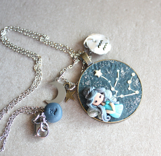 Collana Zodiacale Acquario – Fatina Costellazione e Simbolo Inciso
