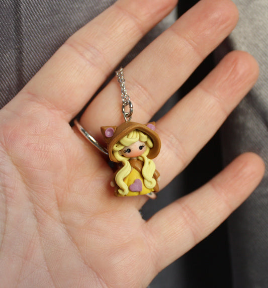 Stainless Steel Necklace with Handmade Polymer Clay Cat Doll III