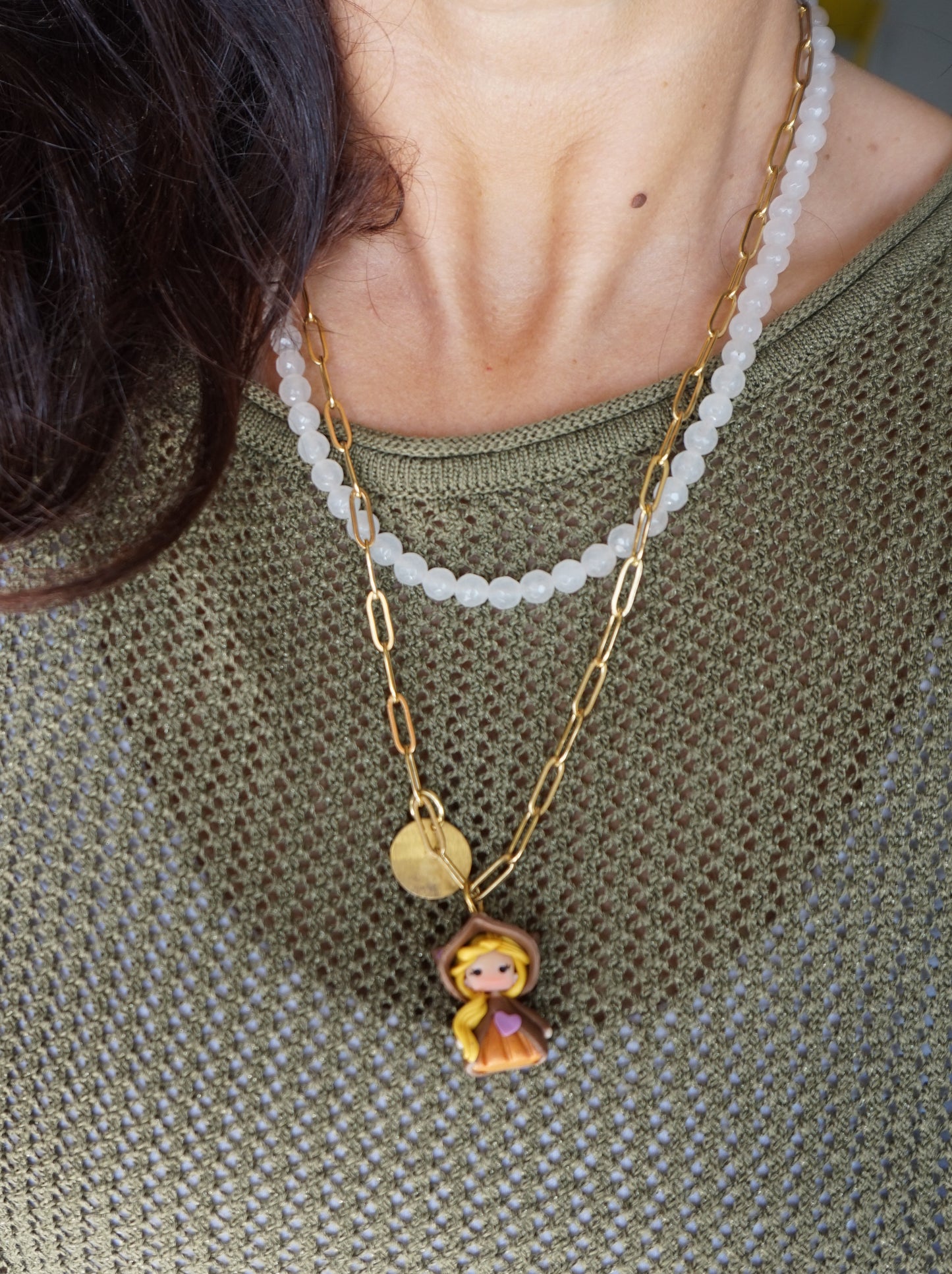 Gold stainless steel necklace with petdoll and initial