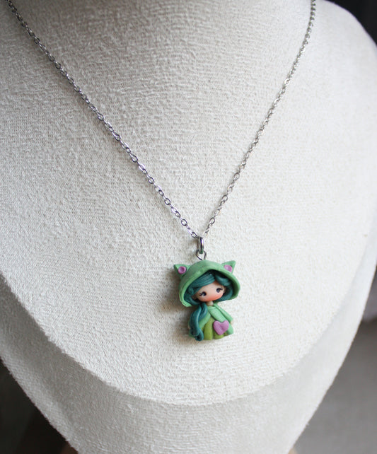 Collana in acciaio inox con cat doll in fimo modellata a mano II