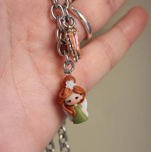 Stainless Steel Choker Necklace with Green Mini Fairy and Enamel Butterfly