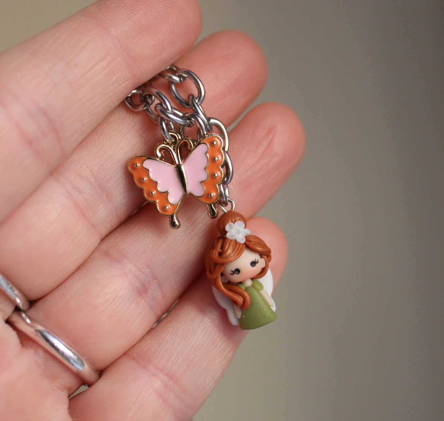 Stainless Steel Choker Necklace with Green Mini Fairy and Enamel Butterfly