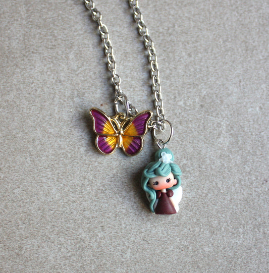 Stainless Steel Necklace with Mini Fairy and Enamel Butterfly
