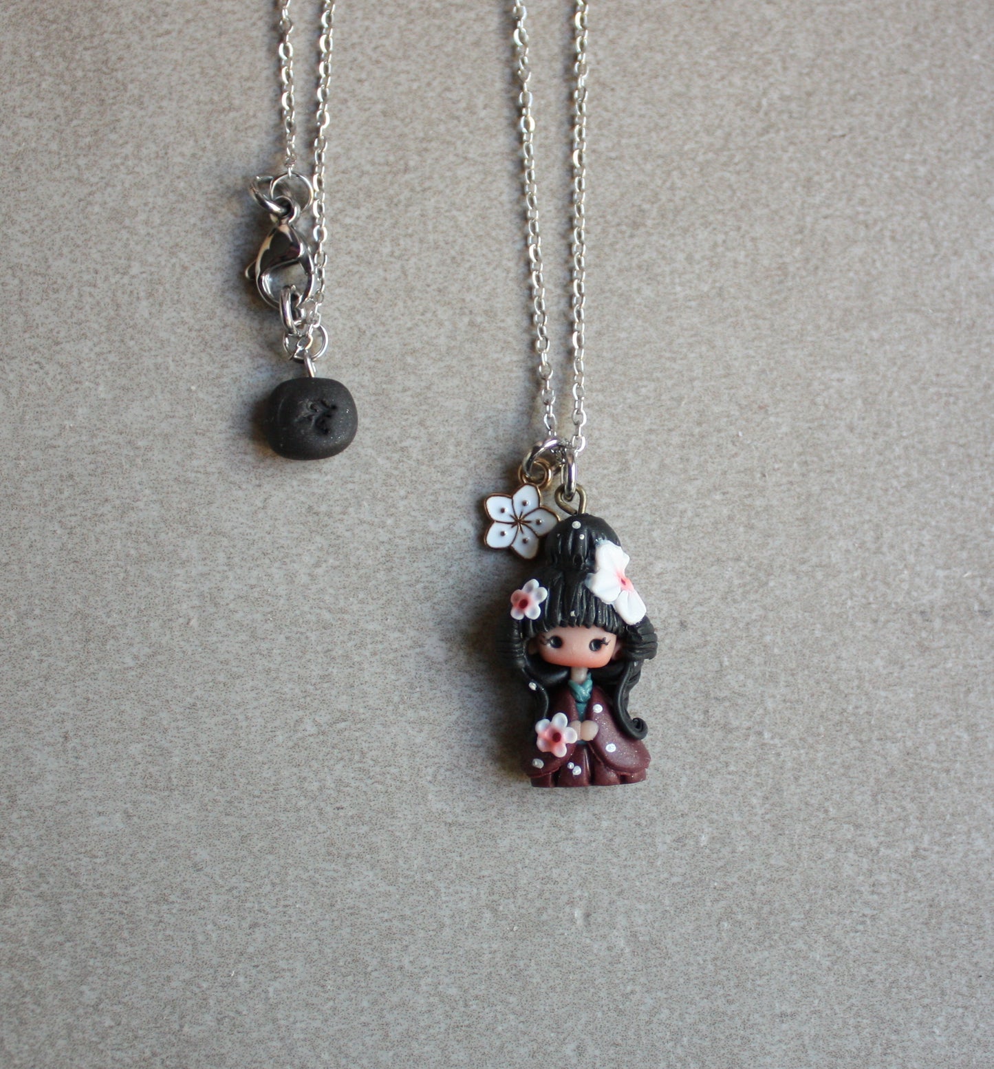 Stainless Steel Necklace with Geisha and Enamel Flower