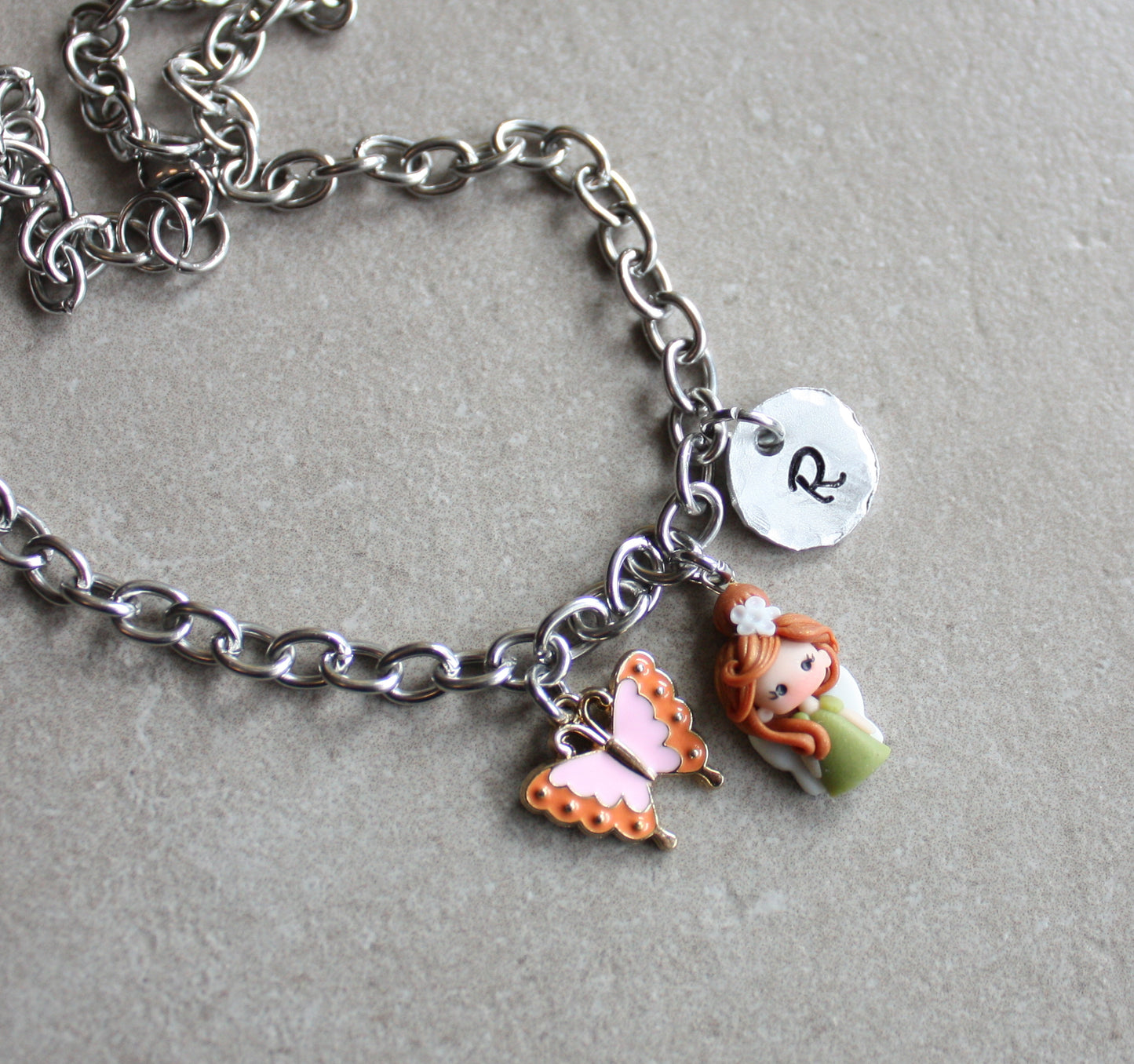 Stainless steel choker necklace with letter and fairy