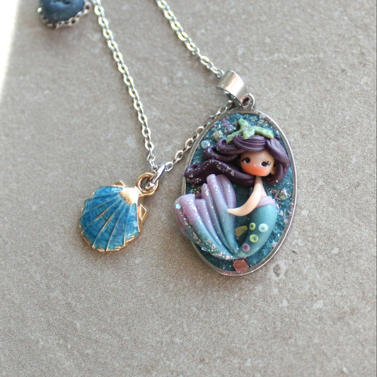 Collana in acciaio inox con cammeo sirena in fimo