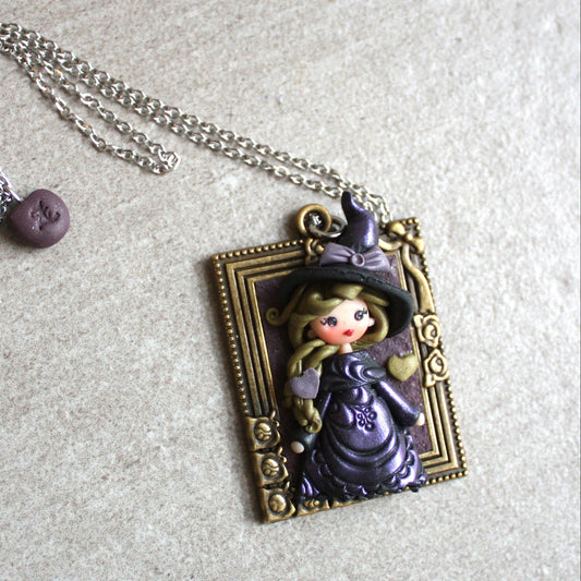 Collana in acciaio inox con piccola streghetta in fimo VIII