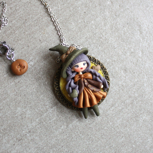 Collana in acciaio inox con piccola streghetta in fimo IX