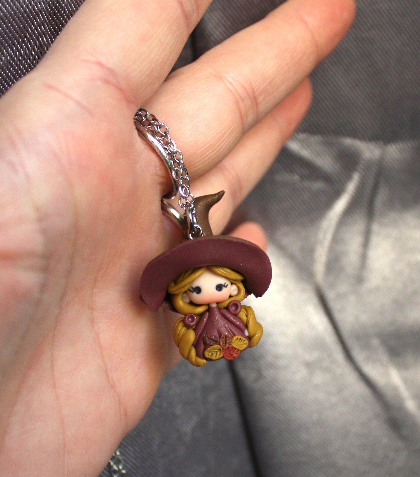 Stainless Steel Necklace with Mini Witch in Polymer Clay II