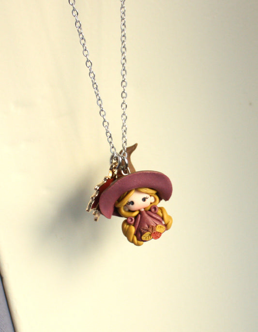 Stainless Steel Necklace with Mini Witch in Polymer Clay II