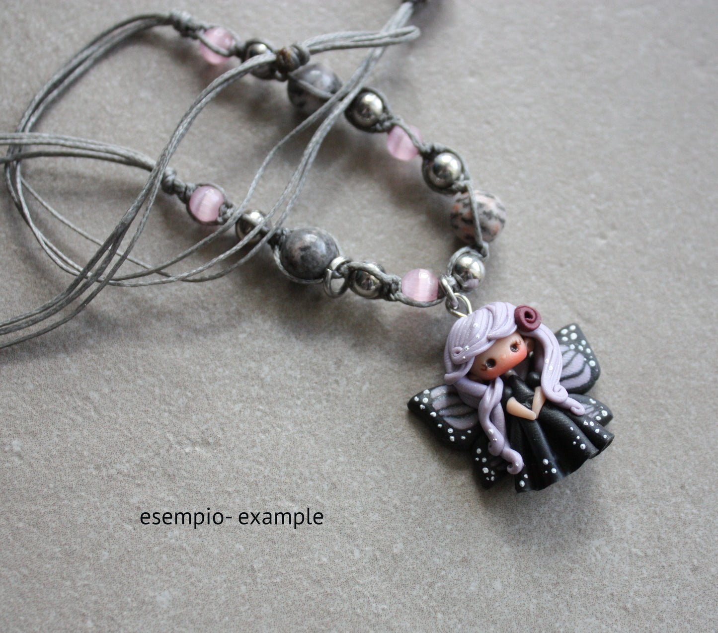 Gray and pink macramé necklace