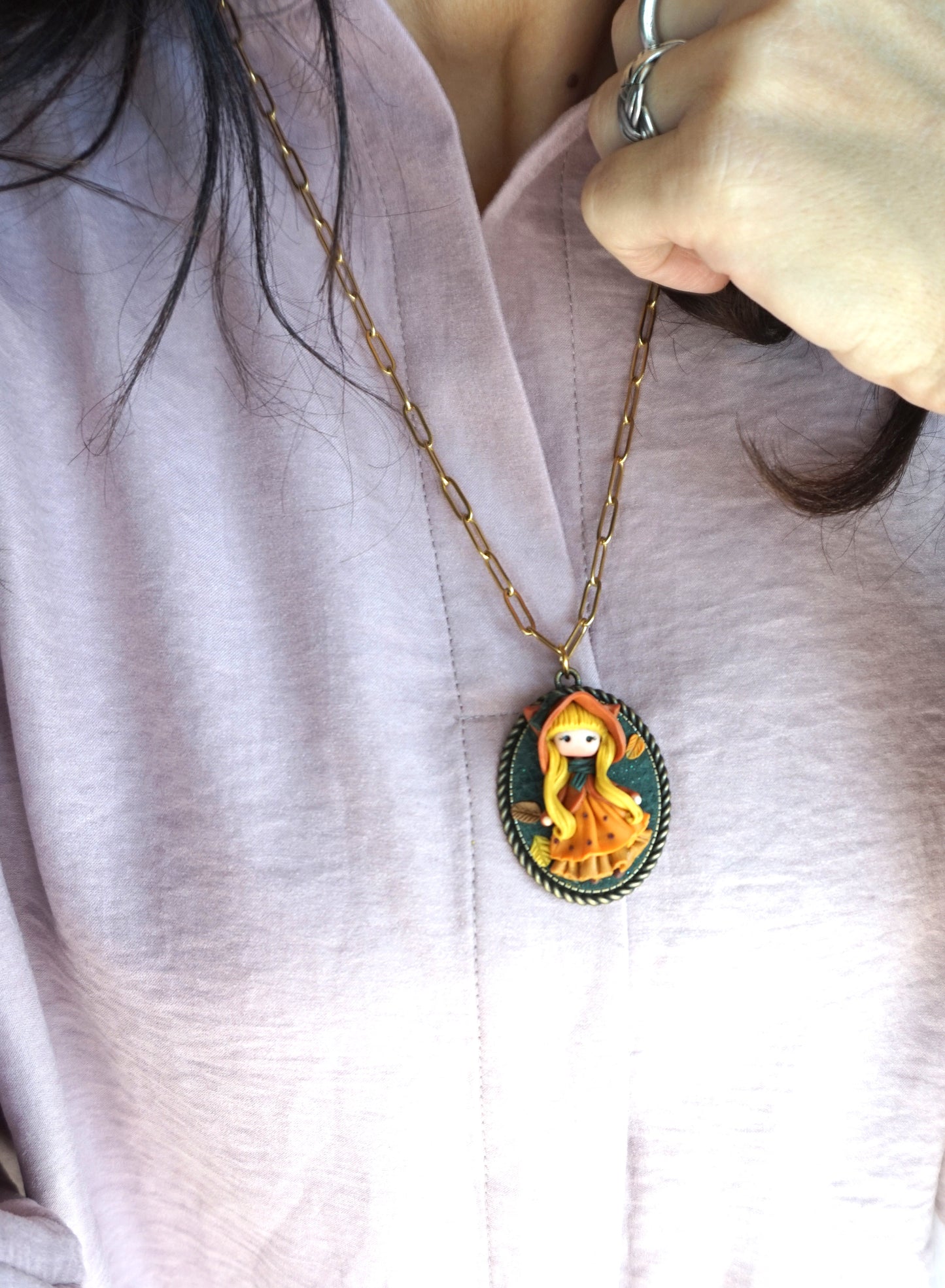 Gold Stainless Steel Necklace with Handmade Polymer Clay Doll