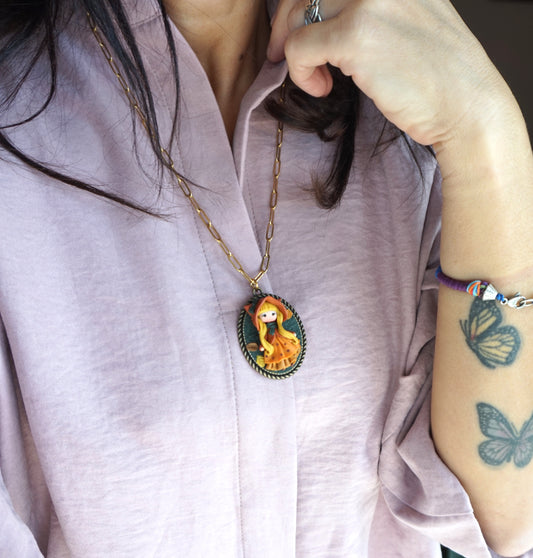 Gold Stainless Steel Necklace with Handmade Polymer Clay Doll
