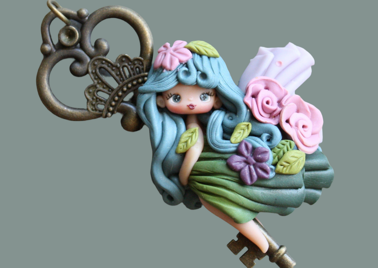 Handmade Polymer Clay Fairy on Bronze Key