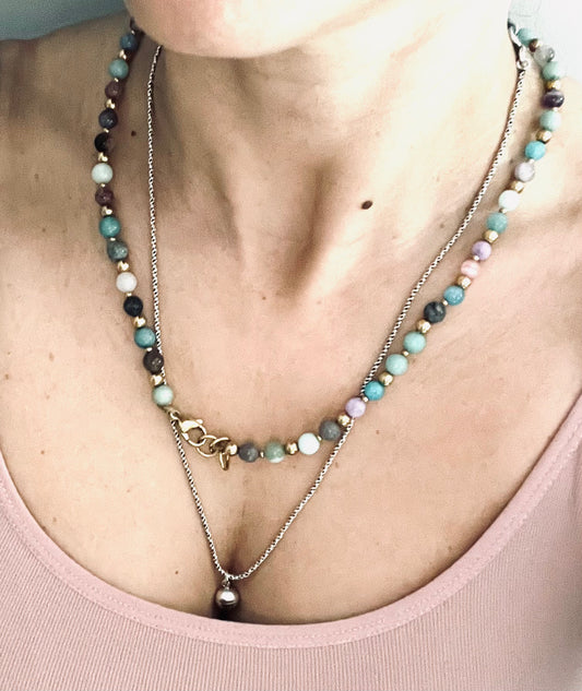 Collana perline acciaio inox e pietre dure