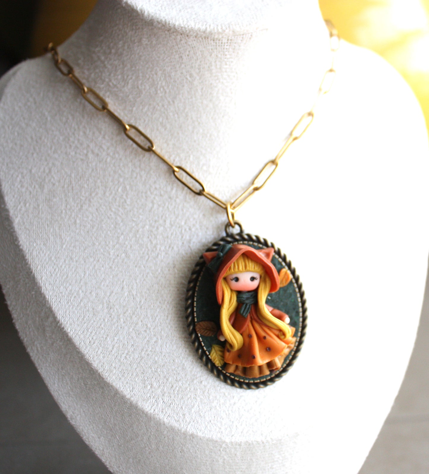 Gold Stainless Steel Necklace with Handmade Polymer Clay Doll