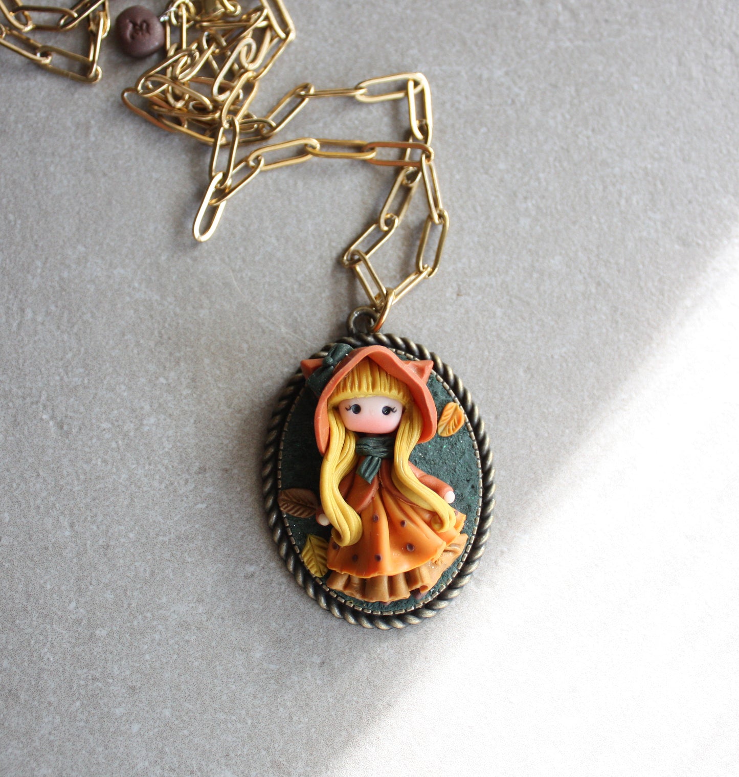 Gold Stainless Steel Necklace with Handmade Polymer Clay Doll