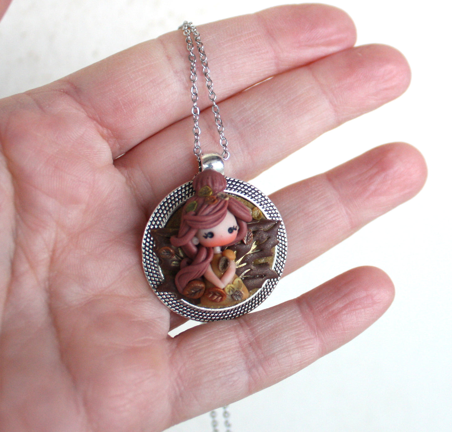 Stainless Steel Necklace with Handmade Polymer Clay Autumn Fairy Cameo