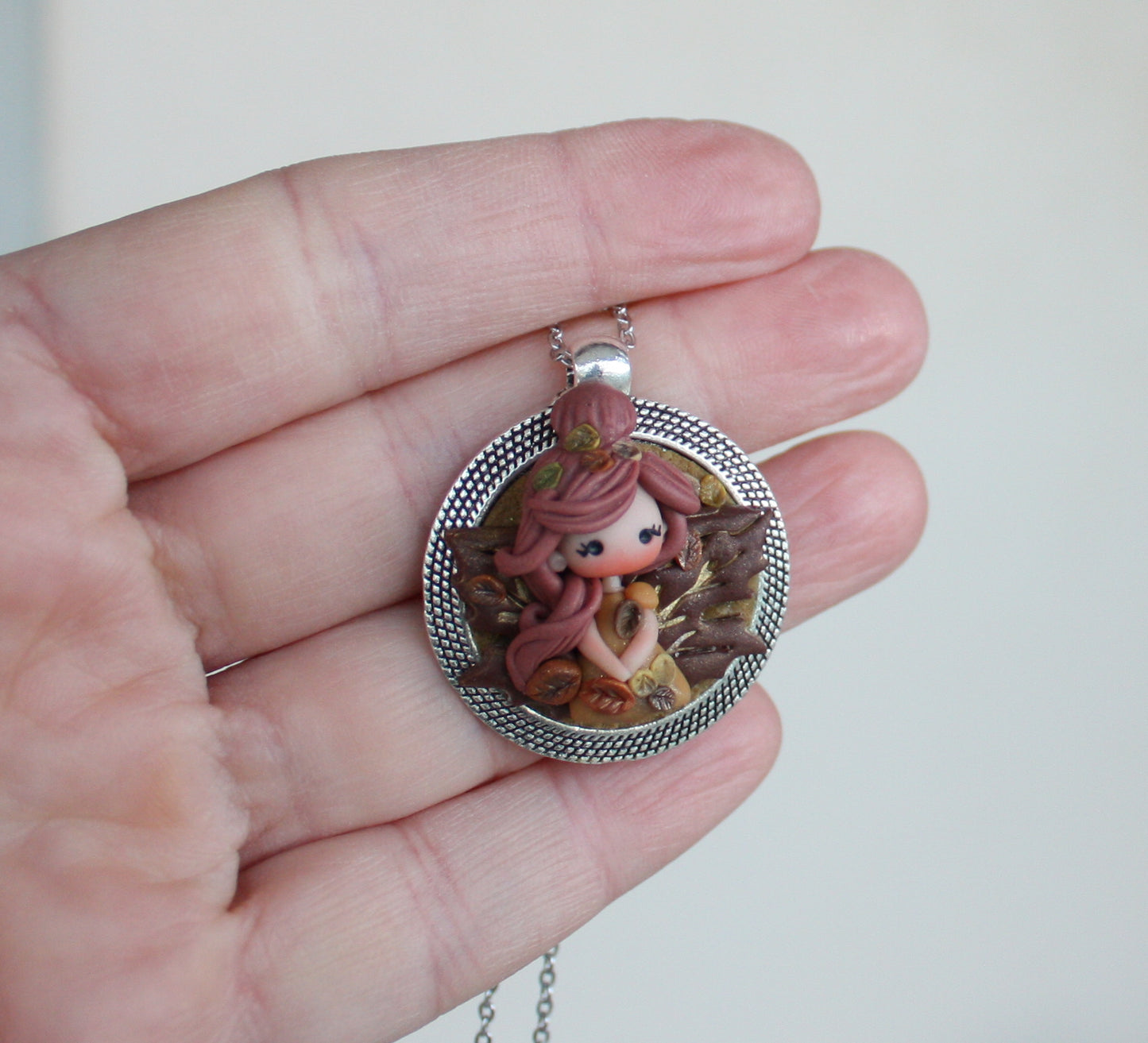 Stainless Steel Necklace with Handmade Polymer Clay Autumn Fairy Cameo