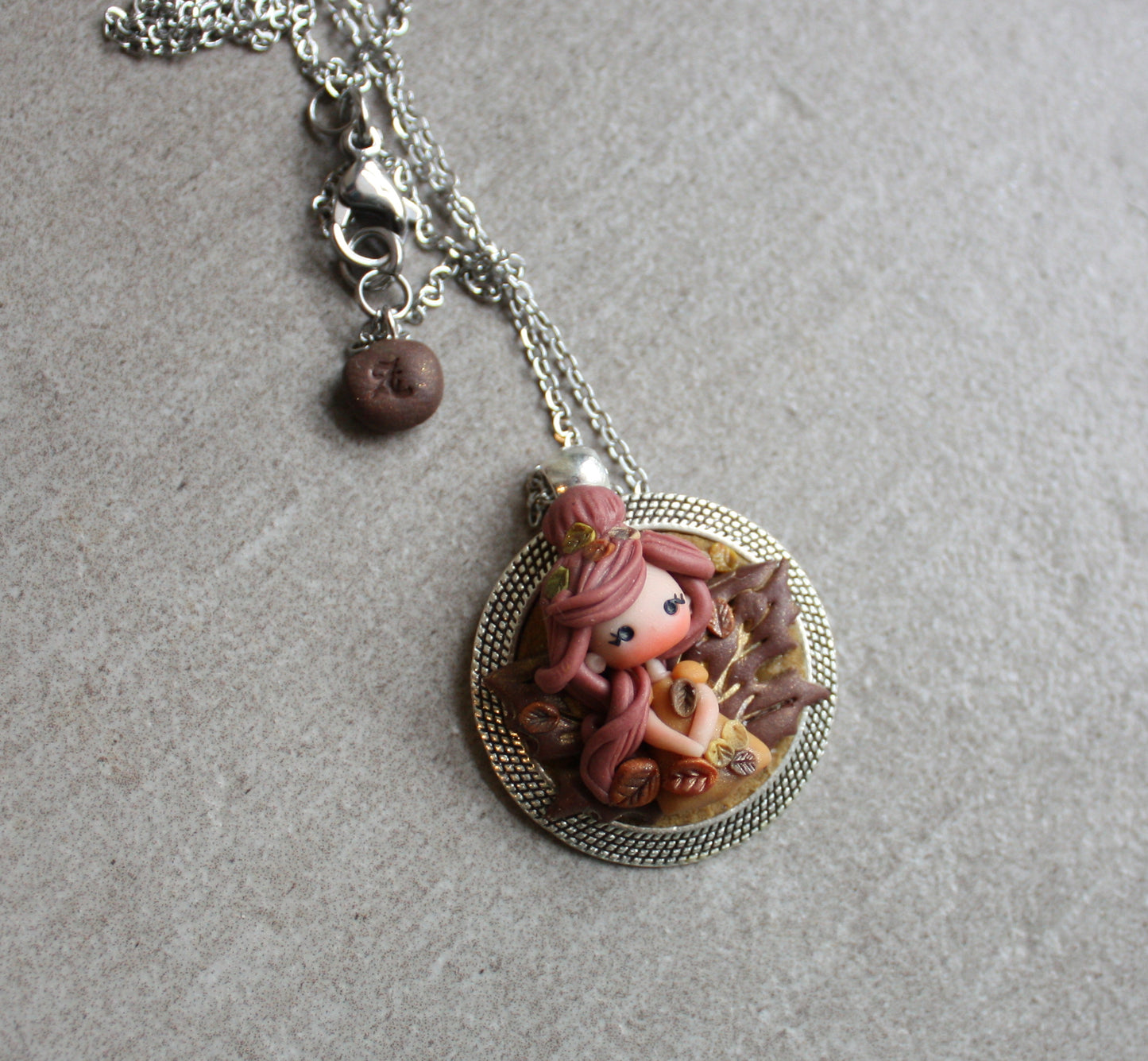 Stainless Steel Necklace with Handmade Polymer Clay Autumn Fairy Cameo