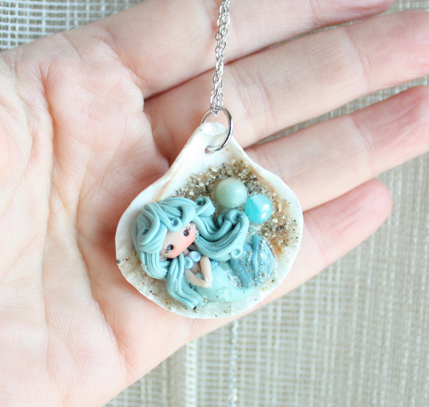 Stainless Steel Necklace with Real Seashell, Handmade Polymer Clay Mermaid, Sand and Resin Details