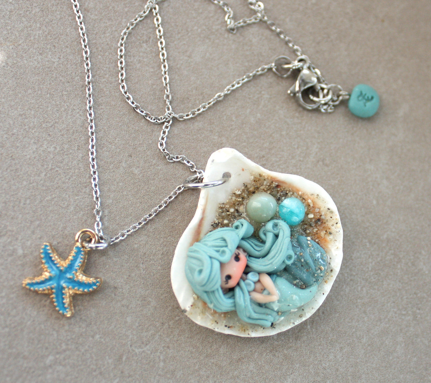 Stainless Steel Necklace with Real Seashell, Handmade Polymer Clay Mermaid, Sand and Resin Details
