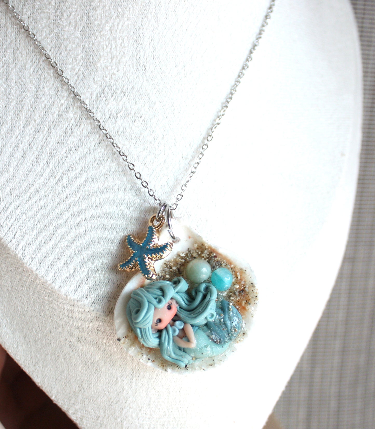 Stainless Steel Necklace with Real Seashell, Handmade Polymer Clay Mermaid, Sand and Resin Details