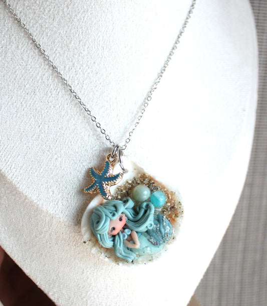 Stainless Steel Necklace with Real Seashell, Handmade Polymer Clay Mermaid, Sand and Resin Details