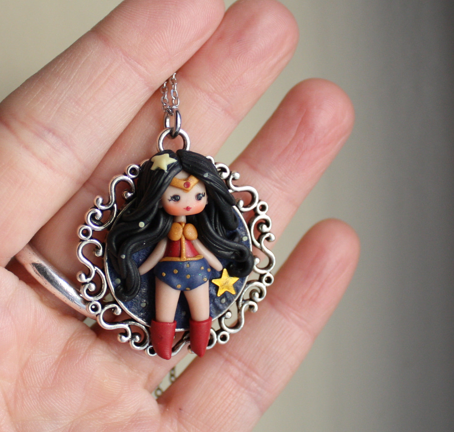 Stainless Steel Necklace with Handmade Polymer Clay Wonder Woman