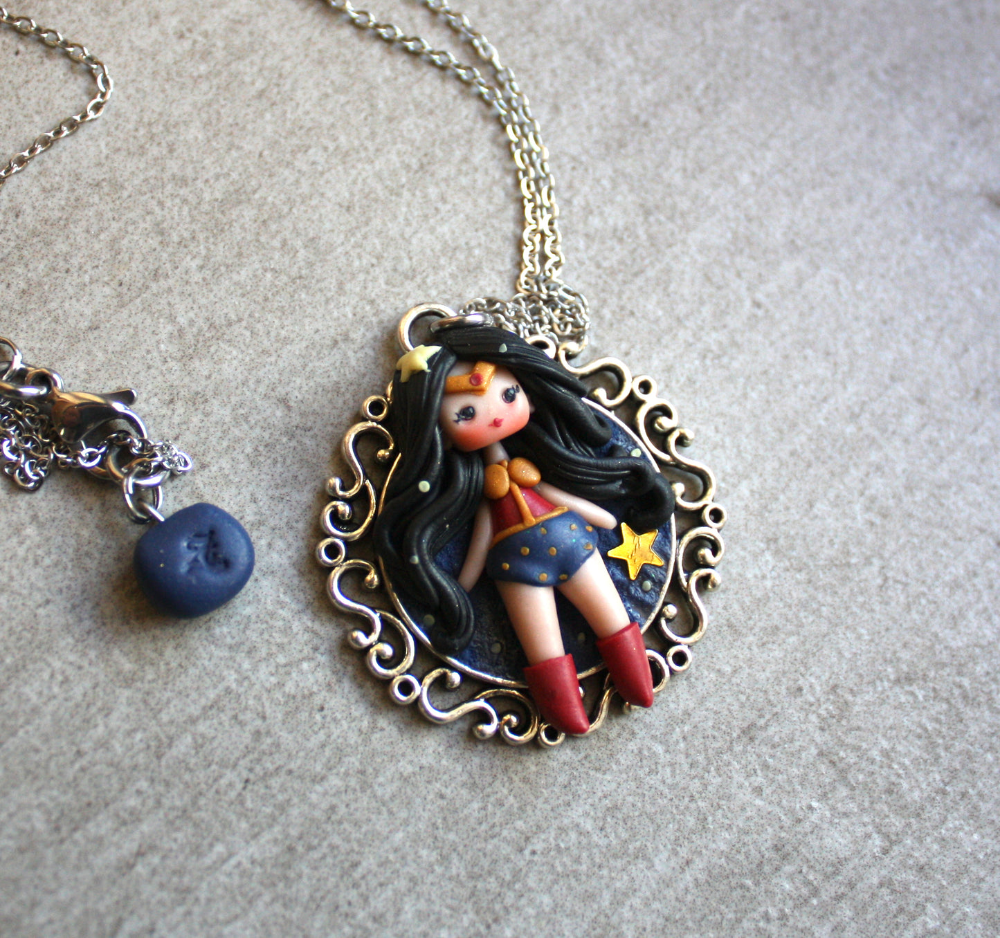 Stainless Steel Necklace with Handmade Polymer Clay Wonder Woman