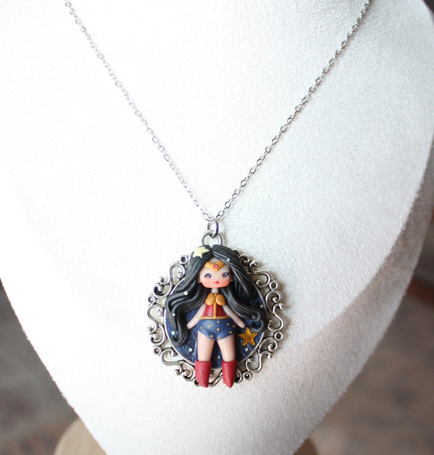 Stainless Steel Necklace with Handmade Polymer Clay Wonder Woman
