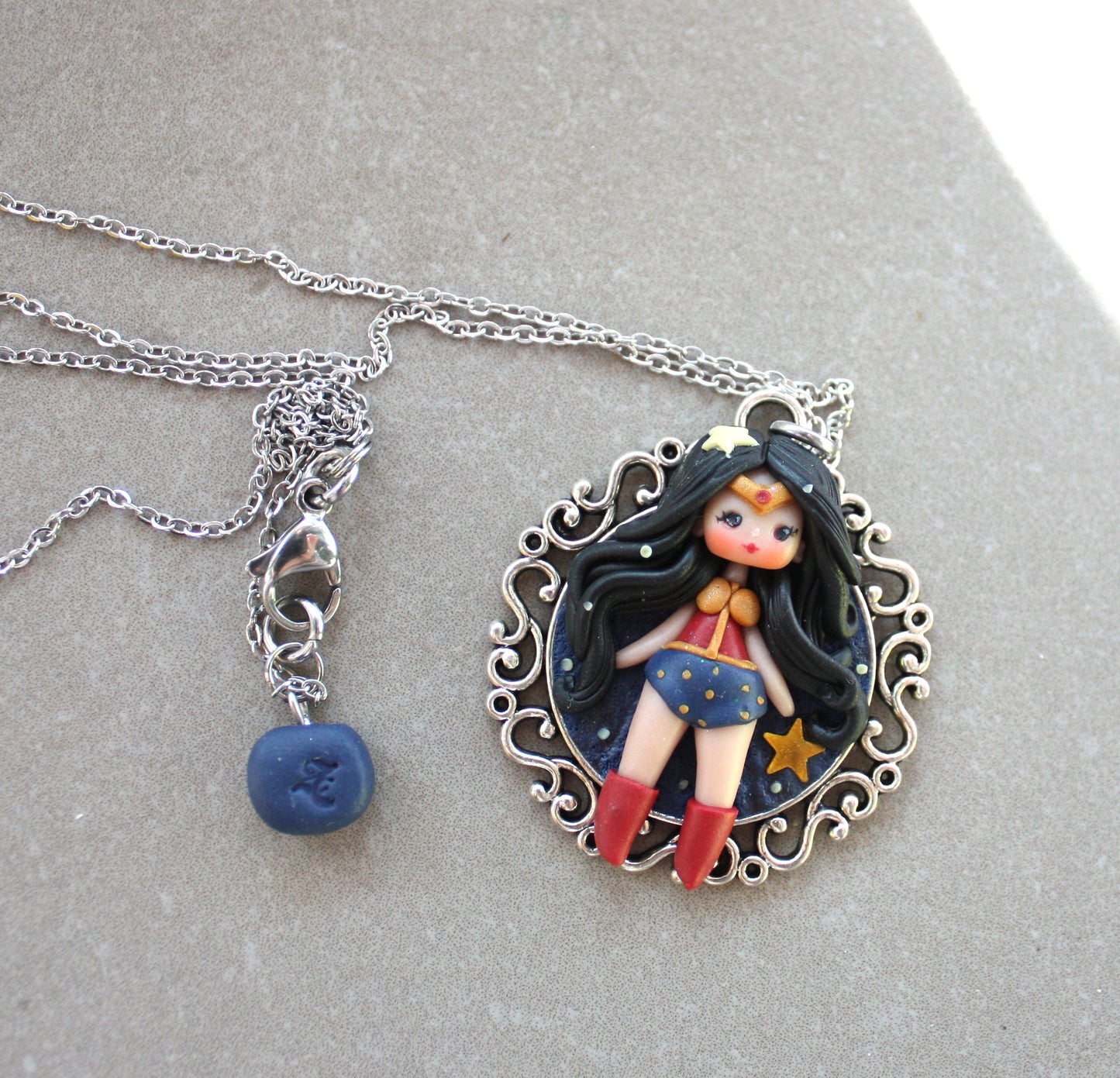 Stainless Steel Necklace with Handmade Polymer Clay Wonder Woman